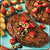 DELICIOUS CRIOLLO GRASS FED BEEF STEAKS WITH TOMATO TAPENADE                                 