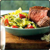 DELICIOUS CRIOLLO GRASS FED BEEF TOP SIRLOIN STEAKS WITH SPINACH-LEMON PESTO PASTA
